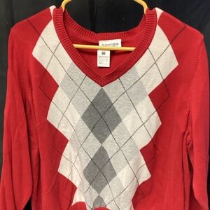 St. John's Bay Red and Gray Argyle V-Neck Sweater